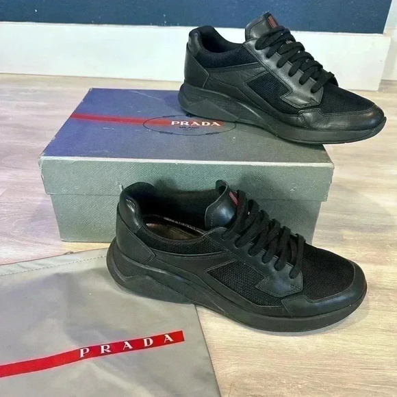 AUTH PRADA AMERICAS CUP SNEAKERS SHOES 4E2816 BLACK LEATHER US 8.5 - Picture 3 of 13